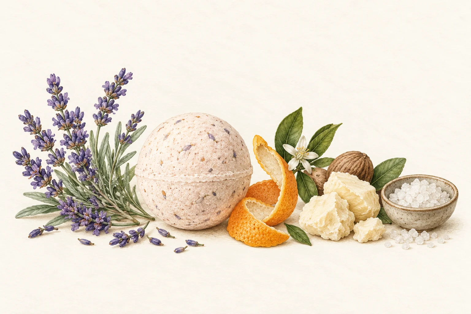 Illustrated bath bomb ingredients to consider for sensitive skin