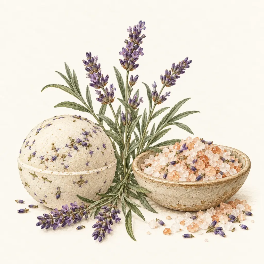 Illustrated bath bomb alongside loose mineral bath salts