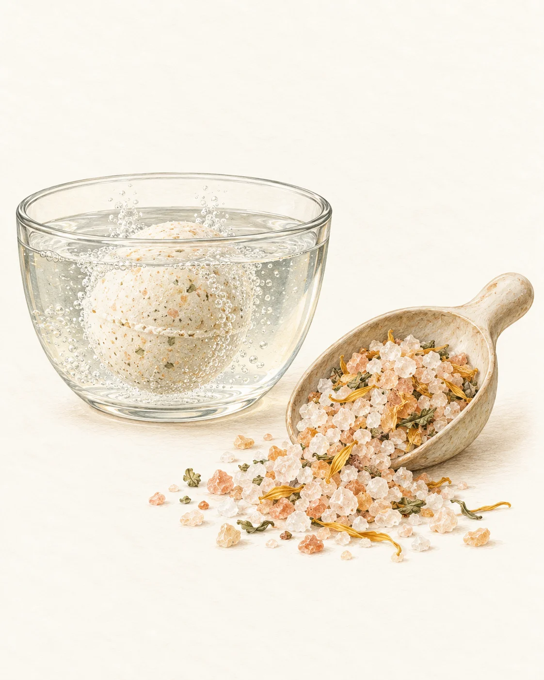 Bath bomb fizzing in water beside loose bath salts