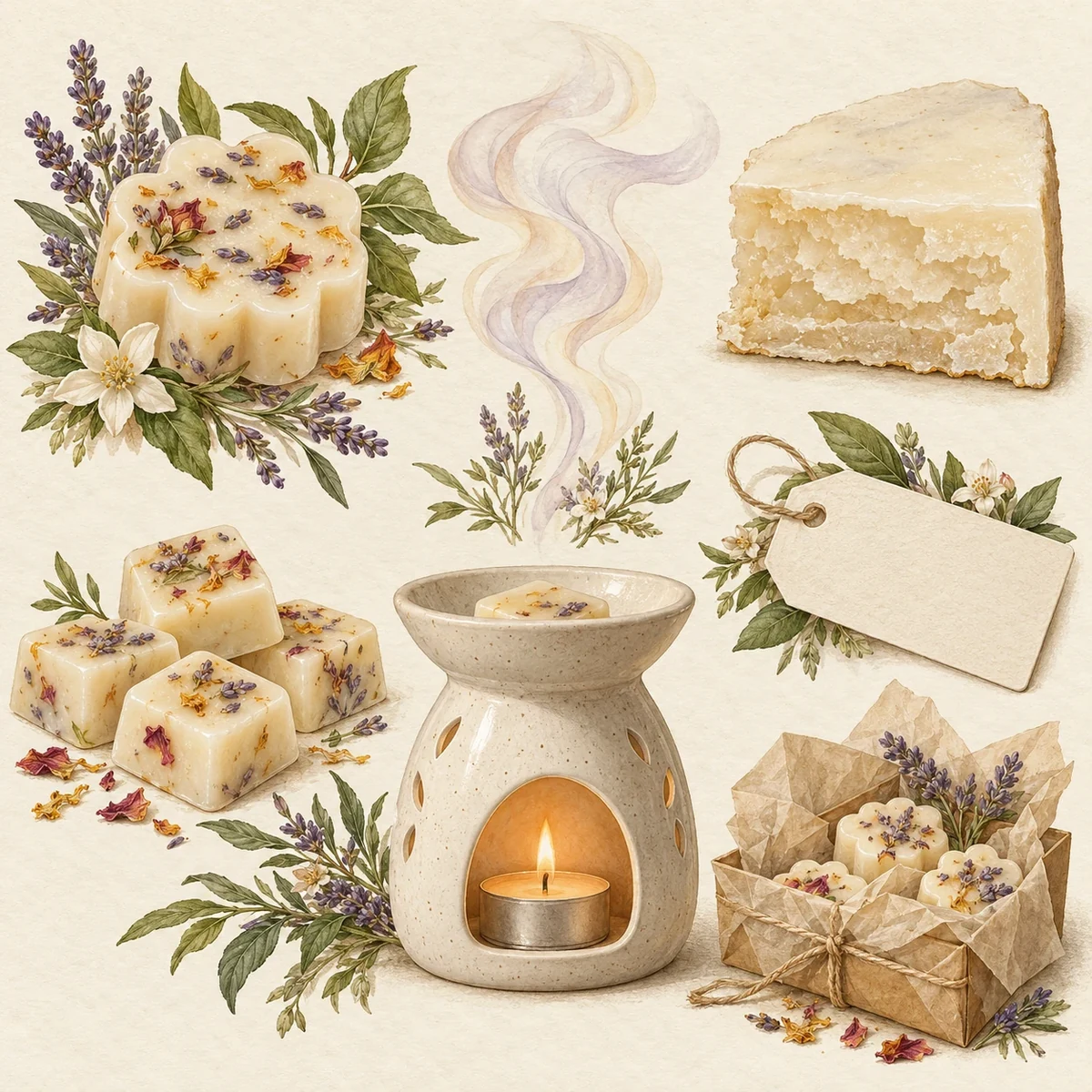 Illustrated wax melt buying criteria with fragrance, portions, burner and safety label