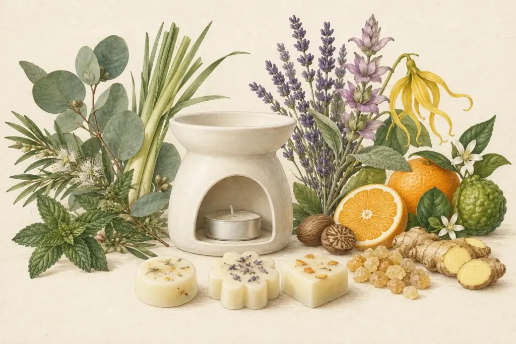 Botanical wax melts and a compatible burner representing three fragrance families