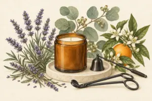 Candle care guide with amber candle, wick trimmer and snuffer