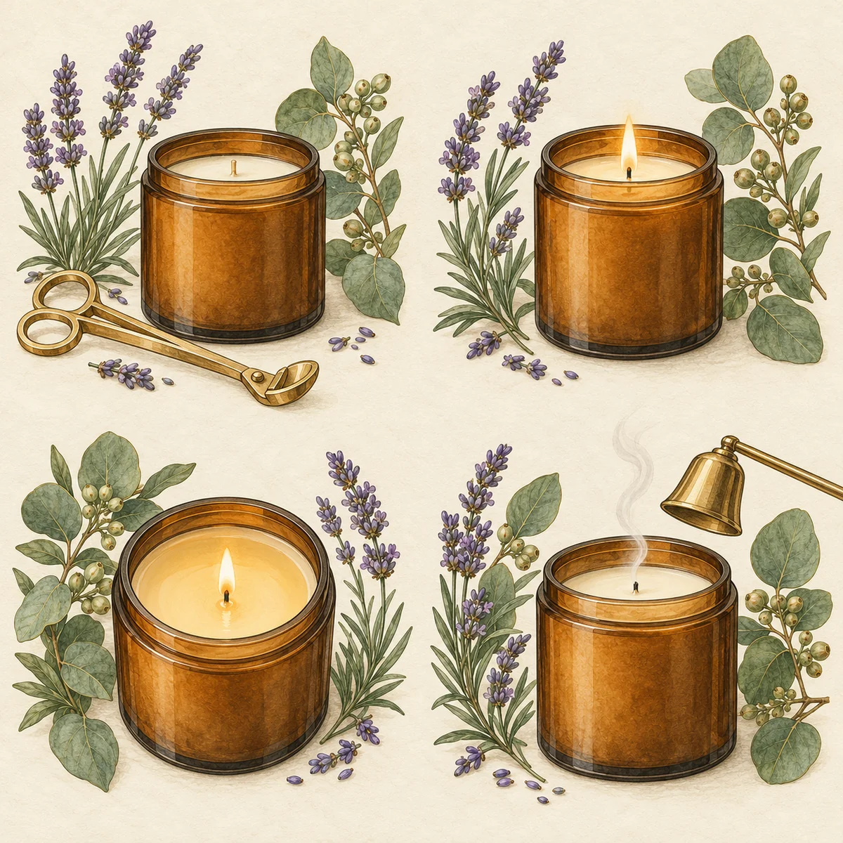 Illustrated candle first-burn sequence from wick trimming to extinguishing