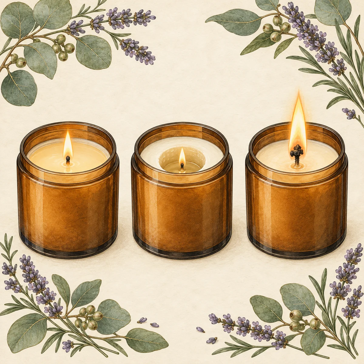 Illustrated examples of an even candle melt pool, tunnelling and wick care