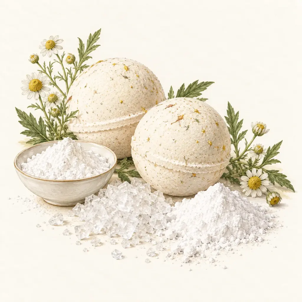 Botanical illustration of bath bomb ingredients and cornstarch in ceramic bowls