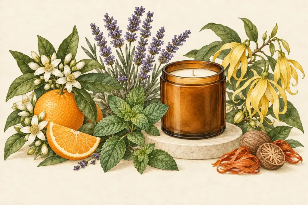 Botanical essential oil candle with citrus, lavender, mint, ylang ylang and spice