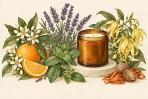 Botanical essential oil candle with citrus, lavender, mint, ylang ylang and spice