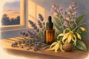 Lavender, clary sage, ylang ylang and nutmeg in an evening botanical scent scene