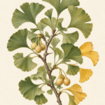 Botanical illustration of a Ginkgo biloba branch with fan-shaped leaves