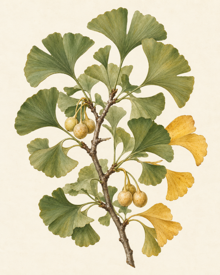 Botanical illustration of a Ginkgo biloba branch with fan-shaped leaves