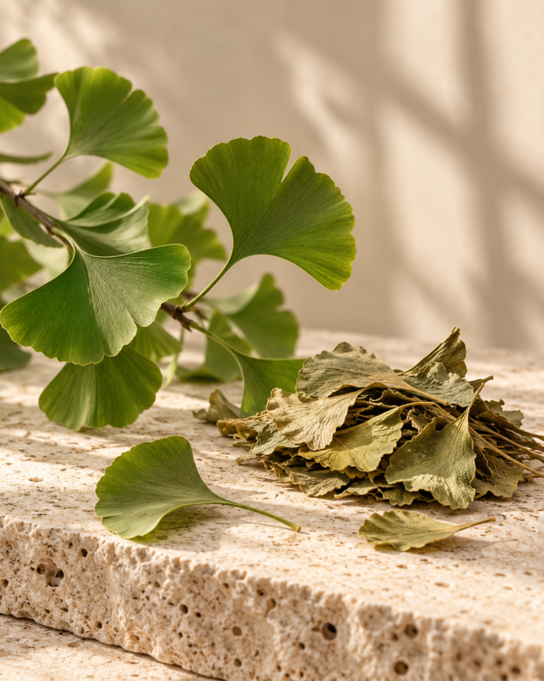 Ginkgo leaves arranged on a pale stone surface