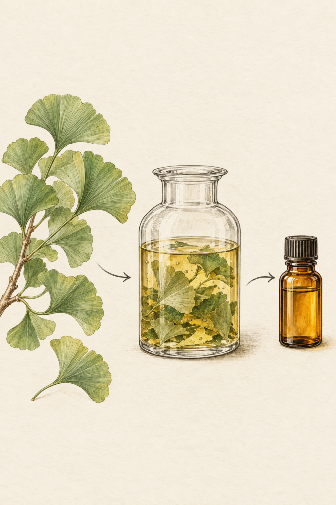 Conceptual illustration showing ginkgo leaves, an extraction vessel and extract