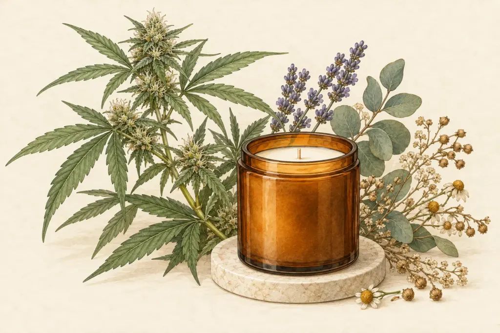 Unlit amber candle with hemp and aromatherapy botanicals