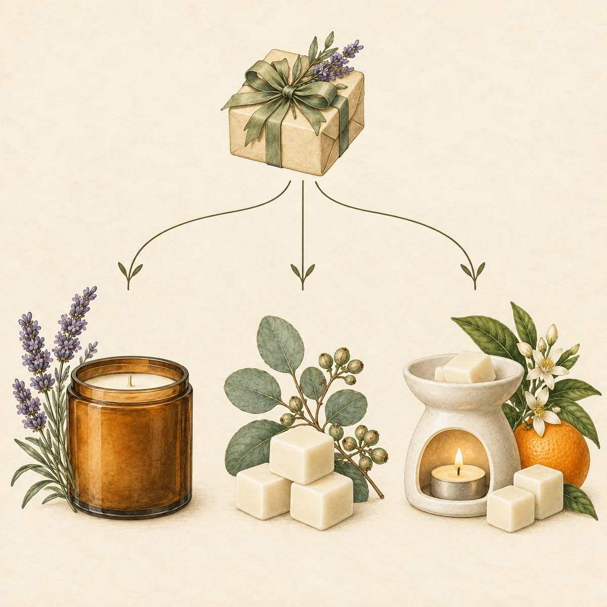 Illustrated choice between a candle, wax melts and a burner gift set