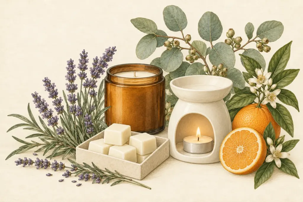 Home fragrance gifts with an amber candle, wax melts and a compatible burner
