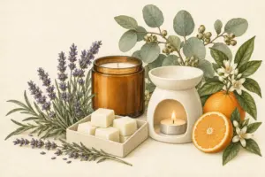 Home fragrance gifts with an amber candle, wax melts and a compatible burner