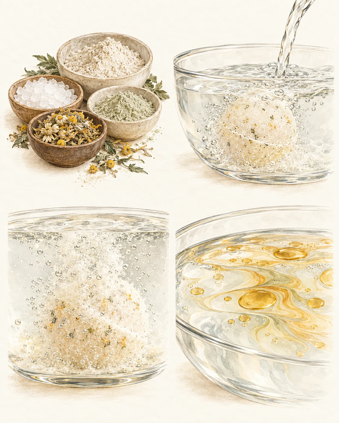 Illustrated stages of bath bomb fizz and ingredient dispersal