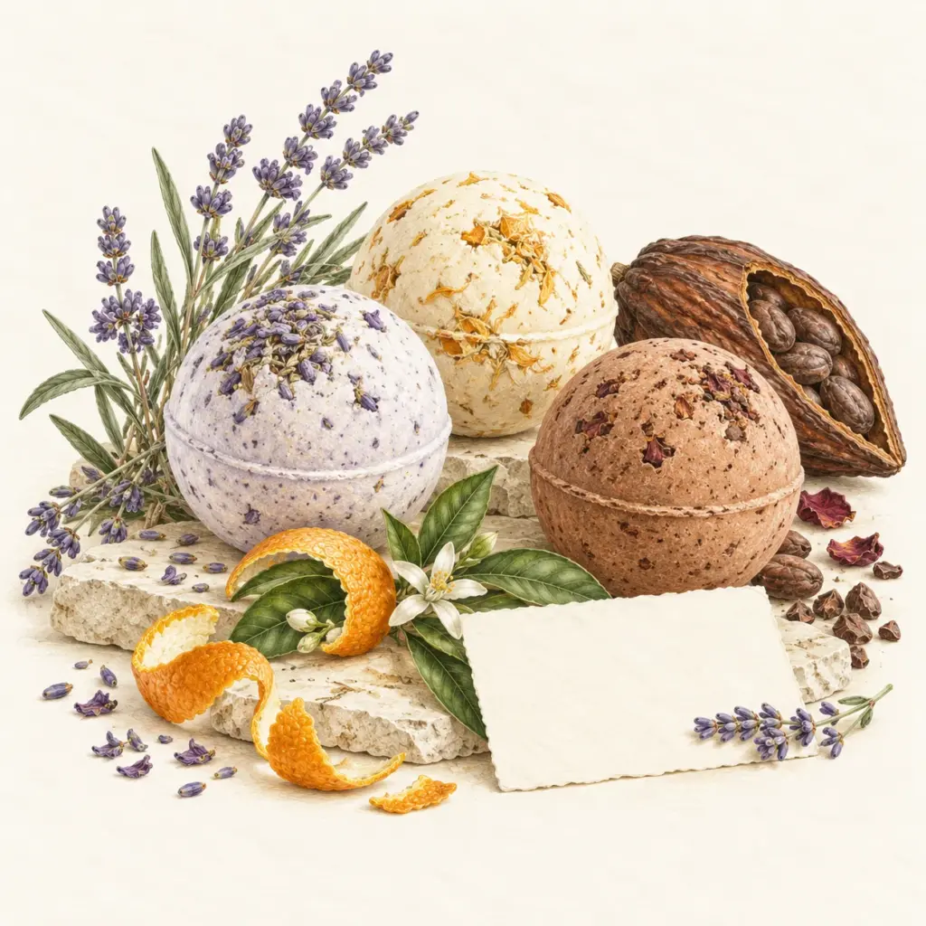 Three botanical bath bombs with lavender, citrus and cocoa ingredients