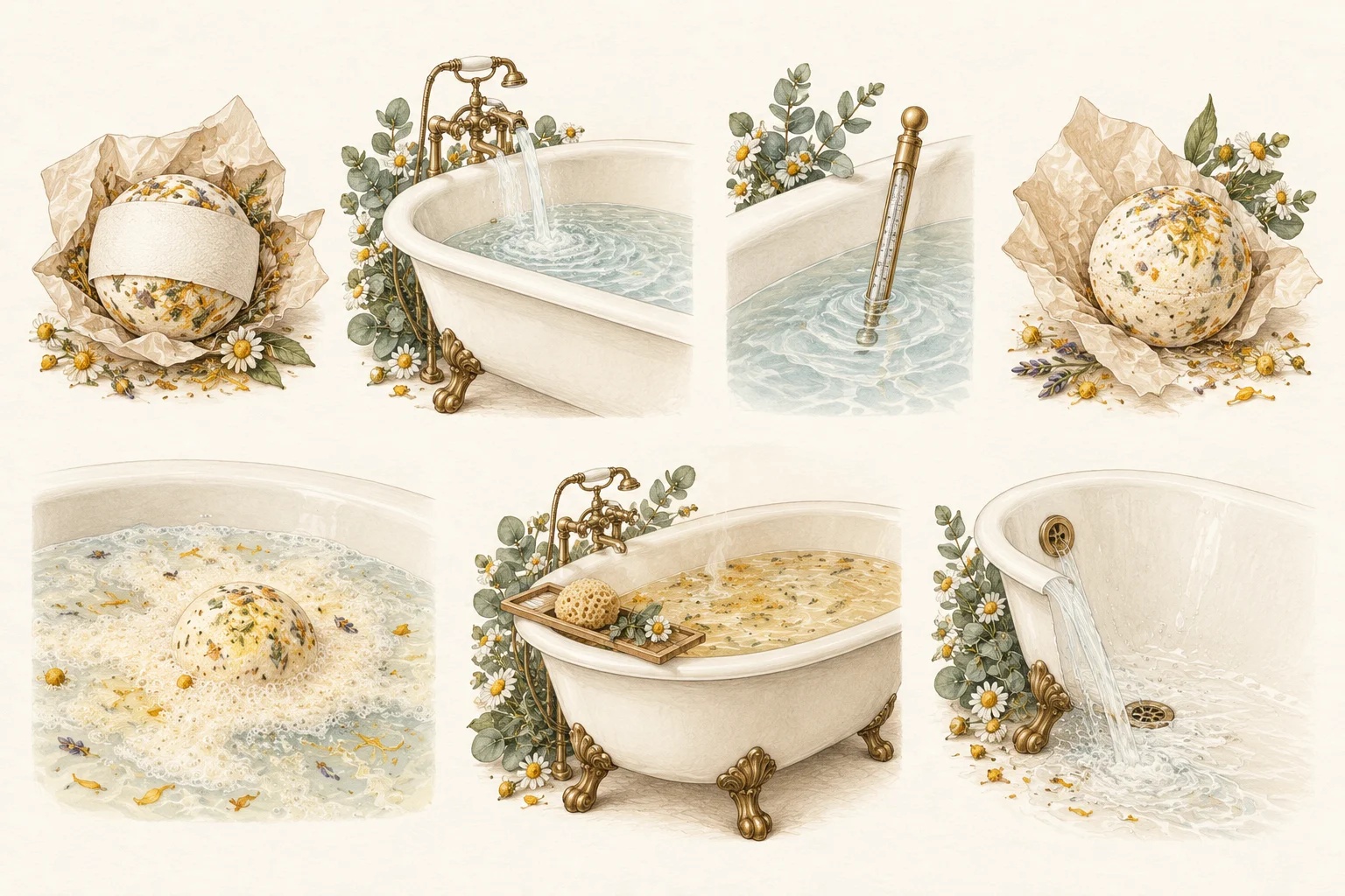 Illustrated sequence for preparing and using a bath bomb