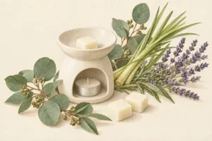 Botanical wax melts beside a compatible ceramic tea-light burner