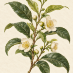 Botanical illustration of Camellia sinensis tea leaves and flowers