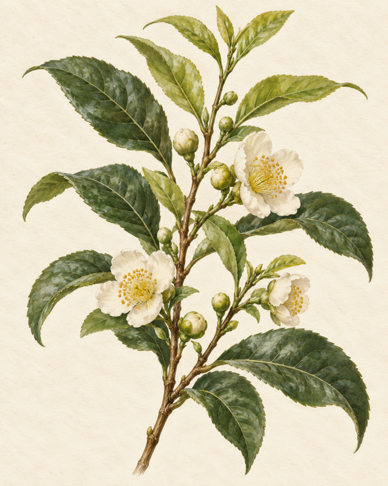 Botanical illustration of Camellia sinensis tea leaves and flowers