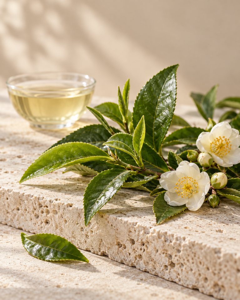 Tea leaves and flowers arranged on a pale stone surface