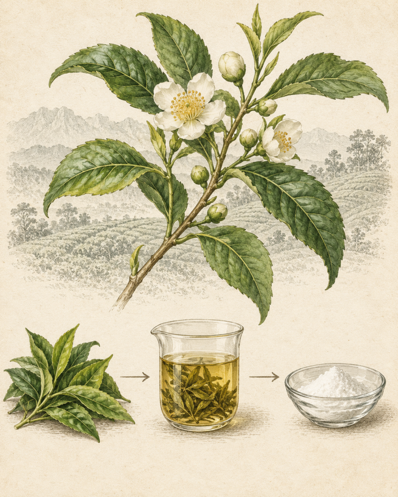 Conceptual illustration showing tea leaves, infusion and a finished L-theanine compound