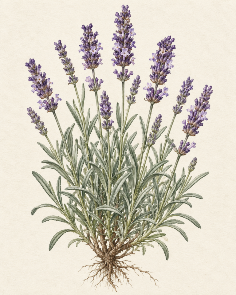 Botanical illustration of Lavandula angustifolia flowering stems