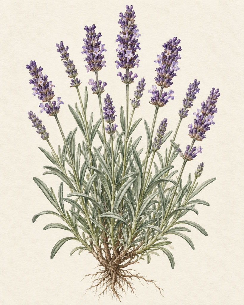 Botanical illustration of Lavandula angustifolia flowering stems