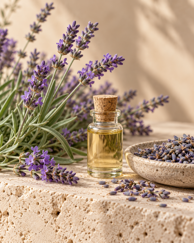 Lavender flower stems and essential oil vial on pale stone