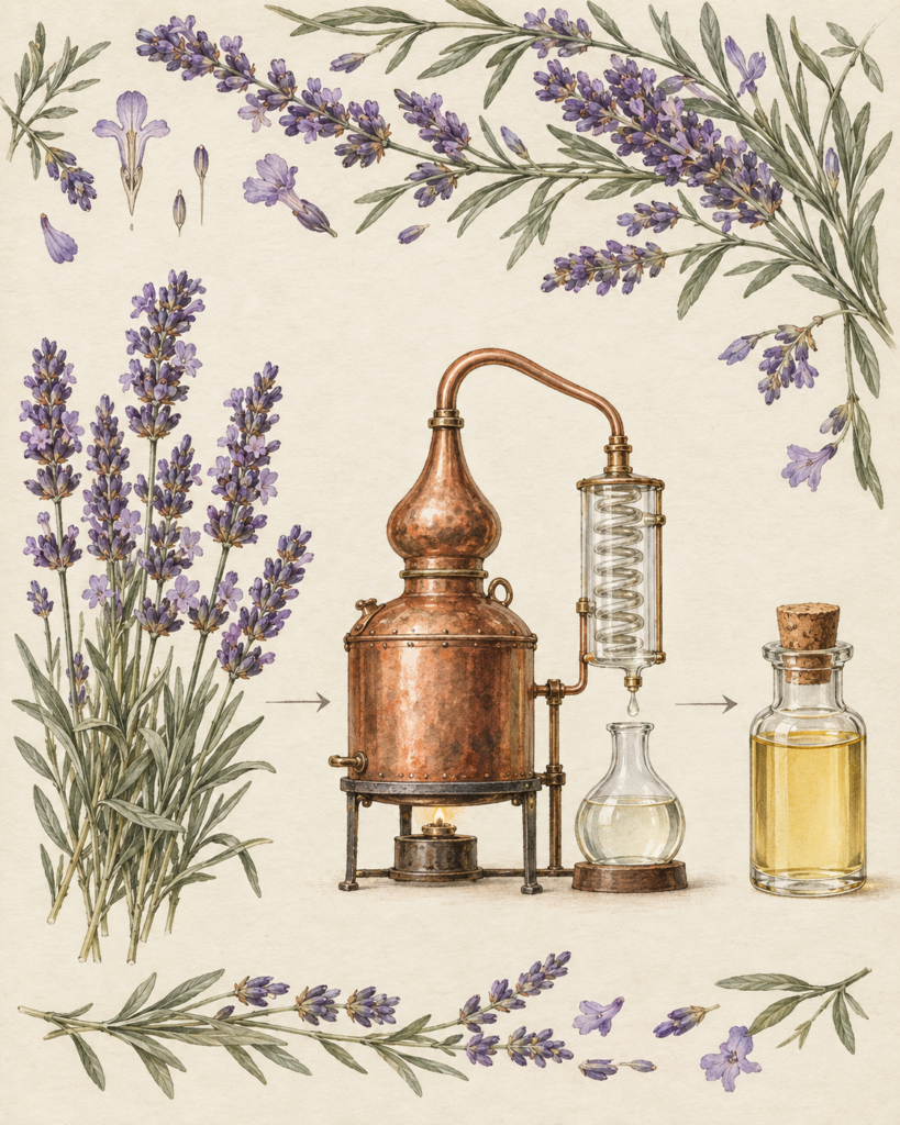 Conceptual illustration showing lavender flowers, steam distillation and essential oil
