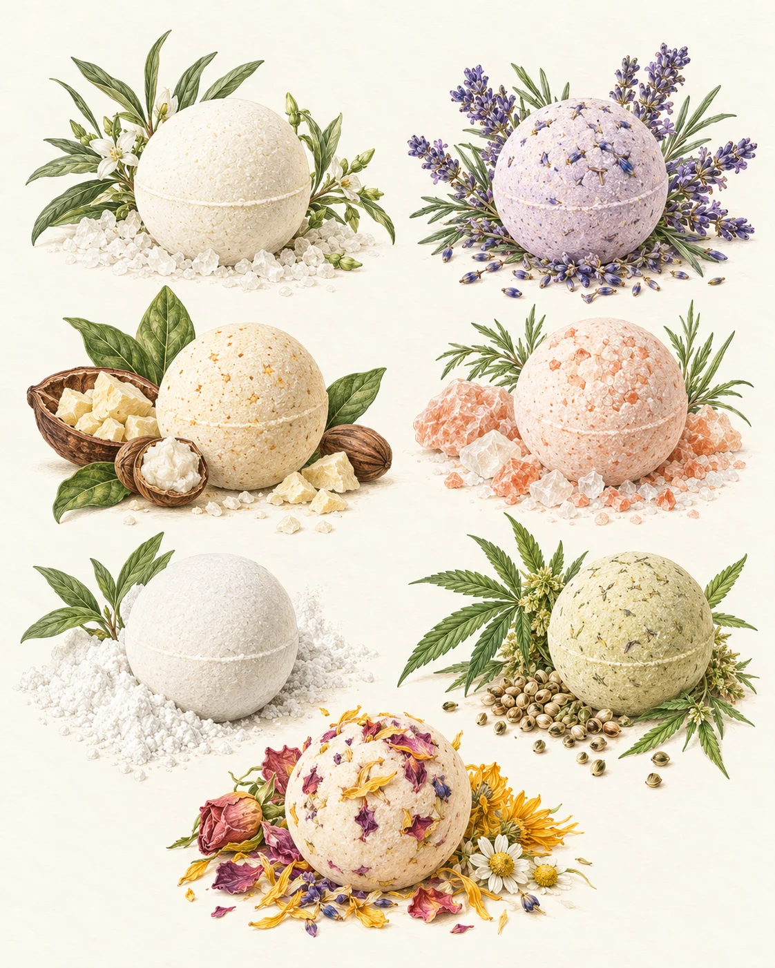 Seven illustrated botanical bath bomb types