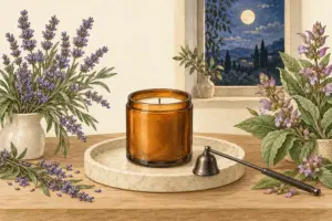 Extinguished amber candle with lavender and sage in an evening setting