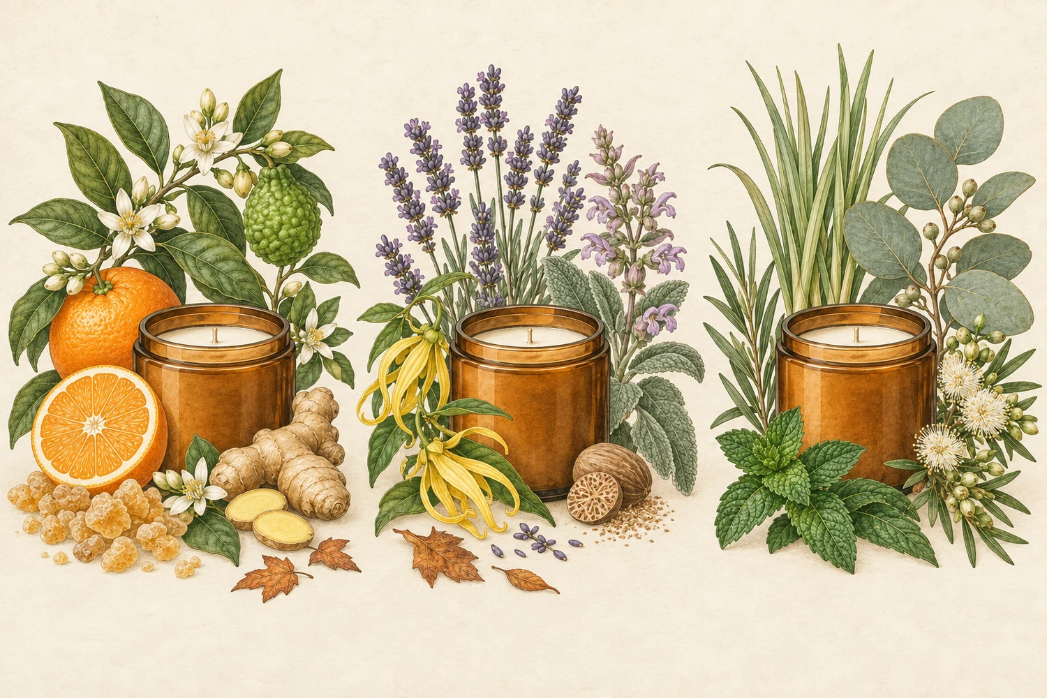 Three botanical candle fragrance profiles for autumn and winter