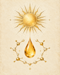 Scientific-apothecary illustration symbolising vitamin D3 without implying a source