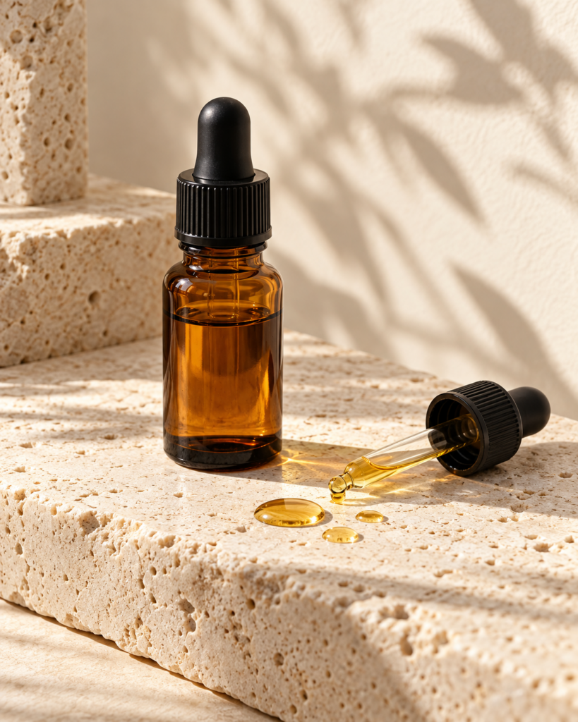 Unbranded amber oil bottle on pale stone in warm light