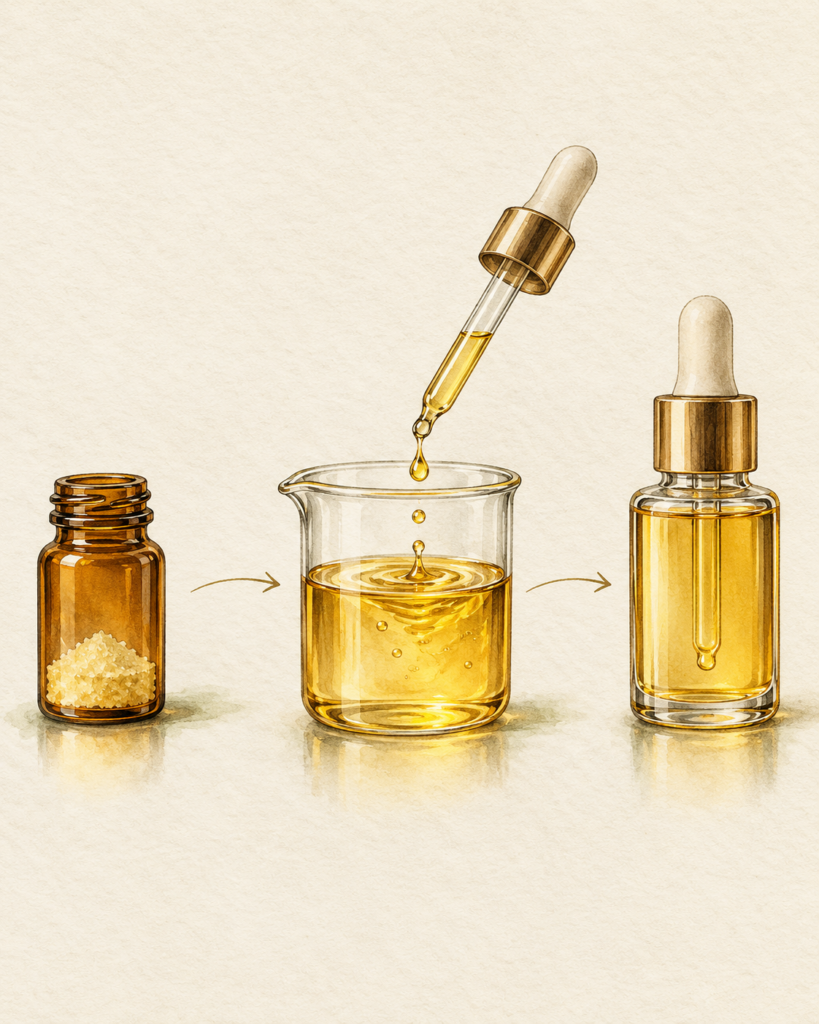 Conceptual illustration of a vitamin D3 ingredient vial, measured blending and finished oil dropper