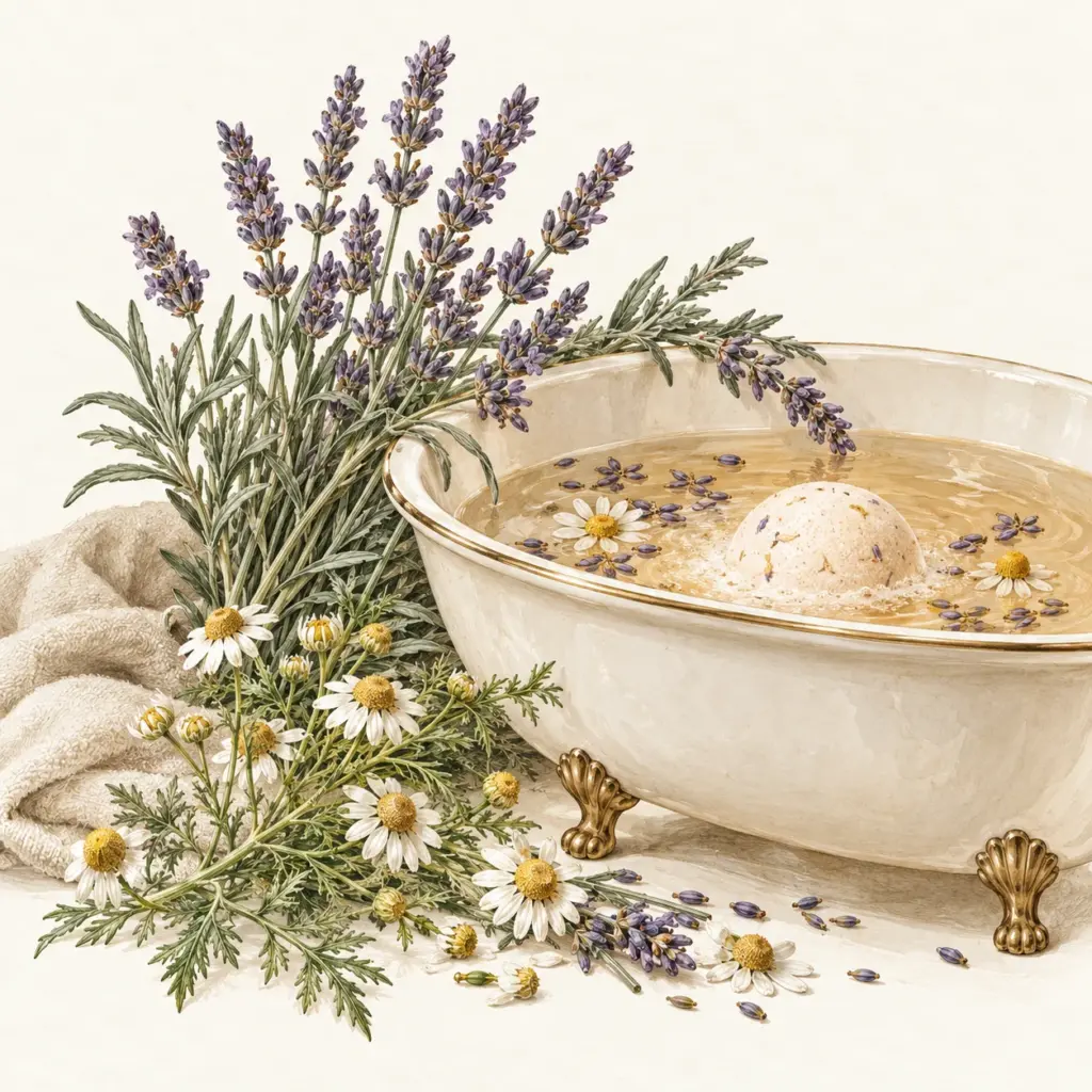 Illustrated evening bath scene with lavender and chamomile
