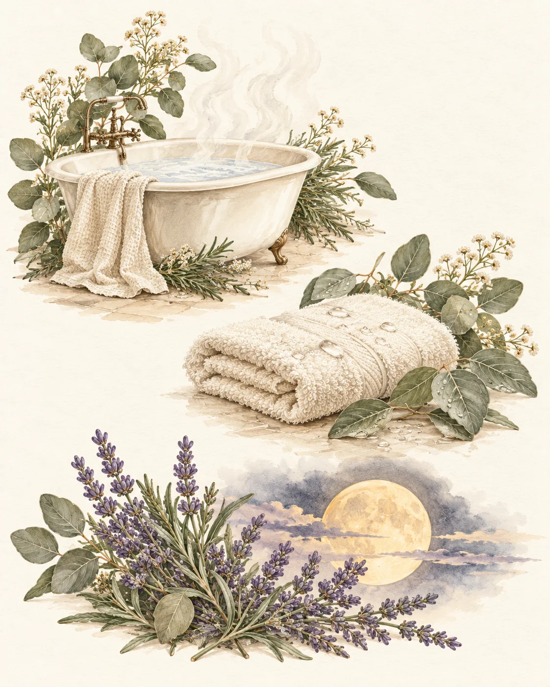 Illustrated warm bath and evening cool-down sequence